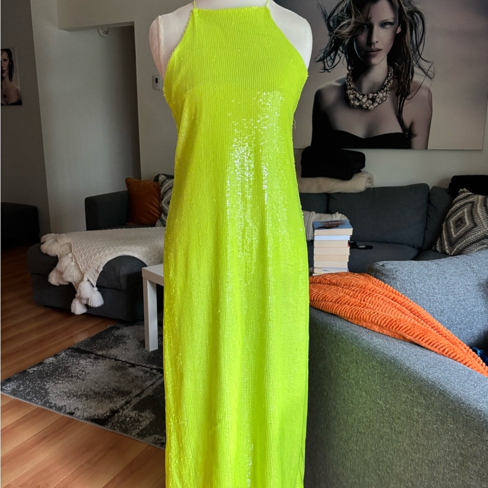 Zara Neon Yellow Green Sequin Halter Maxi Dress